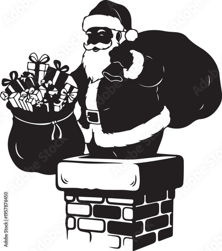 Santa Claus coming down the chimney with gifts