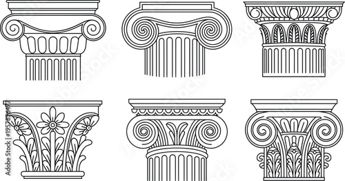 Ancient Greek column capitals vector set, ionic and corinthian pillar heads for architecture and history