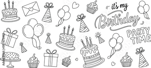 Birthday party doodle icon set, hand drawn cake, balloons, and gift boxes for celebration invitation design