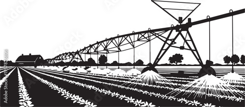 Agricultural irrigation system in a rural landscape black and white