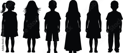 Children silhouette set of standing boys and girls, diverse group of kids in casual clothes, isolated on white background