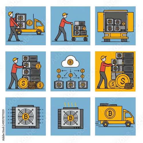 Bitcoin mining and cryptocurrency operations with workers and equipment.