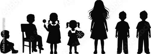 Children Silhouette Set with Kids Playing, Girl with Basketball, Boy on Chair, Childhood Growth Icons, School Age Student Vector Illustrations, Black Figures
