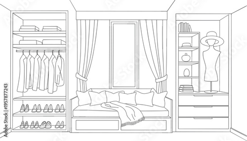 Modern walk in closet interior design vector, dressing room line art with wardrobe, shelves, and window