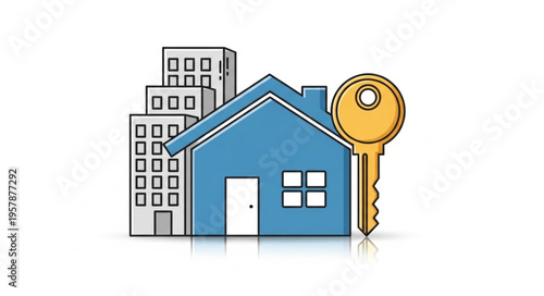 Real Estate Investment - House, Buildings, and Key Illustration.