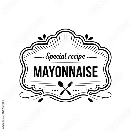 A decorative black and white emblem featuring the word mayonnaise and cutlery