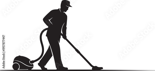 Man vacuuming floor with cleaning equipment in silhouette style