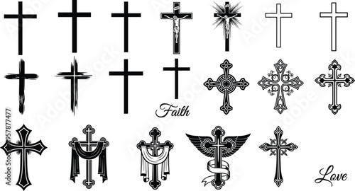 Christian cross silhouettes set, ornate crucifix icons collection, religious symbols for faith and spirituality, black vector graphics for church design