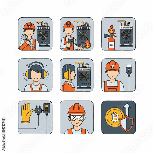 Bitcoin Mining Safety and Operation Icons Set.