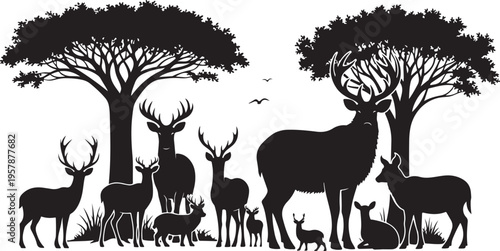 Black Silhouette of Deer and Trees in Nature Scene
