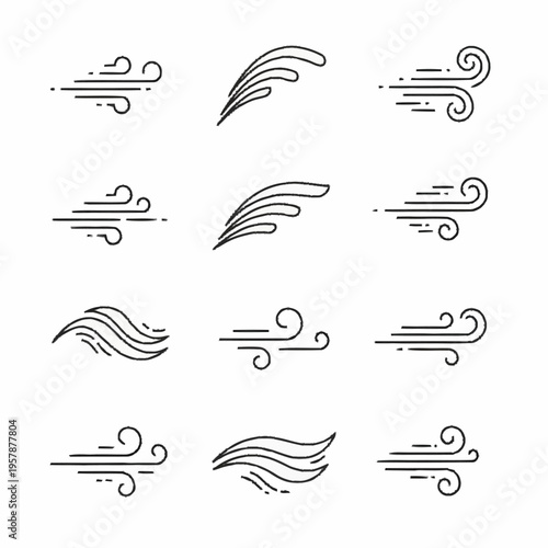 Collection of stylized wind and air flow icons.