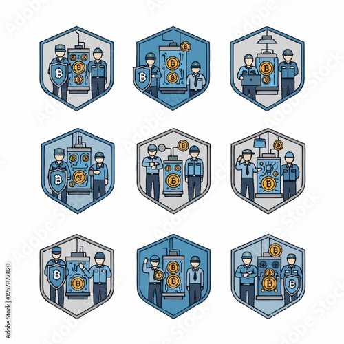 Collection of nine hexagonal badges featuring people and cryptocurrency mining equipment.