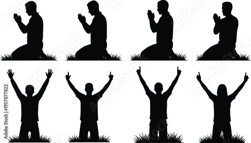 Silhouettes of praying people and worship poses, spiritual devotion concept with raised hands and kneeling figures isolated on clean background