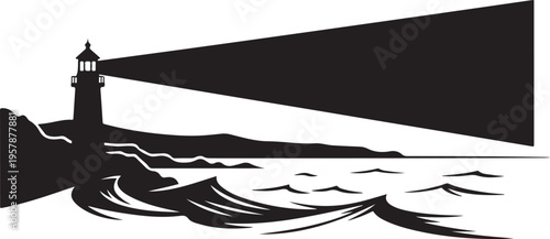 Lighthouse Silhouette with Beam Shining Over Ocean Waves at Night