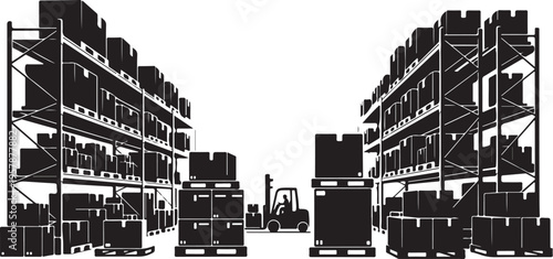 Warehouse Storage Facility with Shelving and Forklift Equipment Silhouette