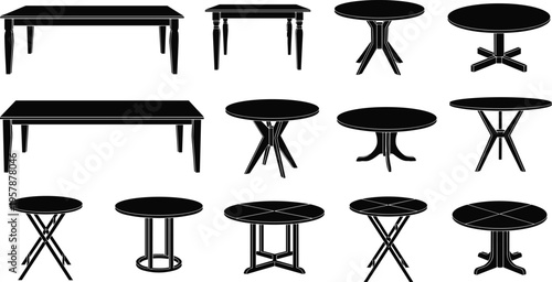 Collection of table silhouettes set including various shapes, furniture vector icons isolated on clean background minimalist design style