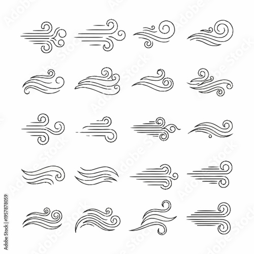 Collection of stylized wind and air flow illustrations.