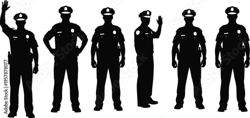 Collection of Police Officer Silhouettes in Uniform Standing and Signaling Stop, Professional Law Enforcement Figures for Security, Safety, and Justice Concepts