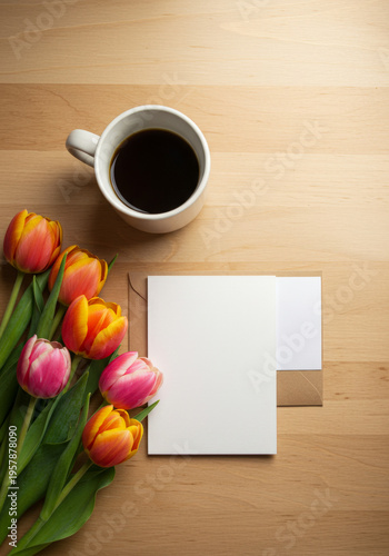 Cozy Workspace with Coffee, Flowers, and Blank Card on Table