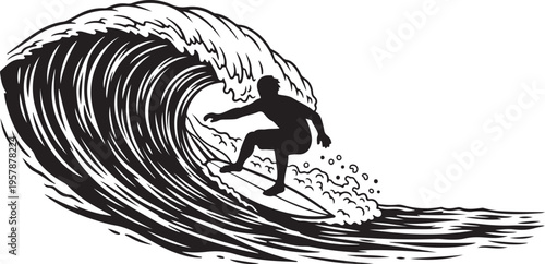 Surfer riding a large wave in black and white illustration