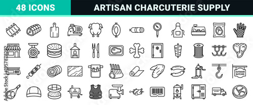 Artisan Butcher Shop and Meat Processing Minimalist Monoline Icon Set featuring Geometric Line Art for Commercial Food Industry Use.