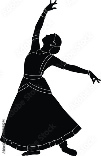 Graceful classical Indian dancer silhouette in elegant pose, traditional costume movement captured in black vector isolated on clean background