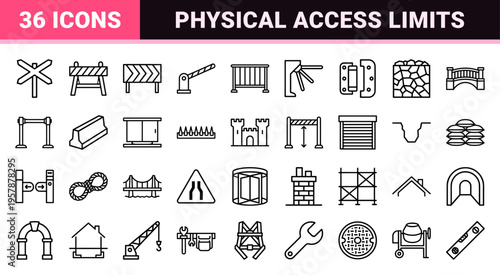 Minimalist Barrier and Access Control Line Art Symbols Featuring Geometric Road Signs, Fences, and Construction Safety Outline Elements