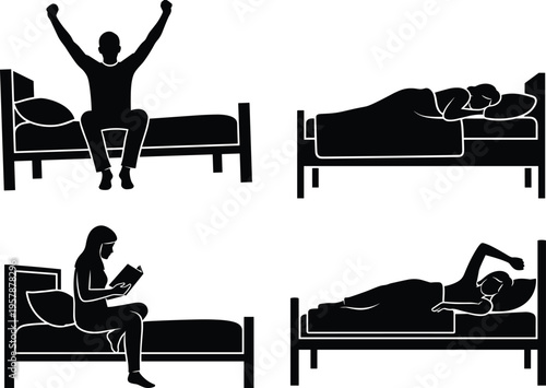 Collection of People Bed Silhouette Set Featuring Waking Up, Sleeping, Reading Book, and Relaxing in Bedroom for Wellness and Lifestyle Concep