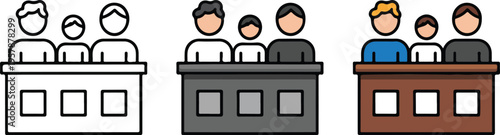 Set of three minimalist icons showing a legal jury in a courtroom for trial justice and law concepts.