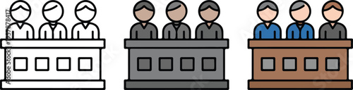 Set of three minimalist icons showing a legal jury in a courtroom for trial justice and law concepts.