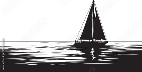 Sailing boat on calm water in black and white illustration
