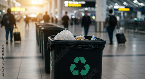Recycling Bins in Airport Terminal with Passengers in Background