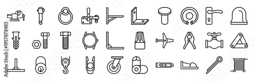 Industrial Furniture Hardware and Construction Fasteners Outline Icons Featuring Ultra Minimalist Geometric Monoline Design for Technical Manuals