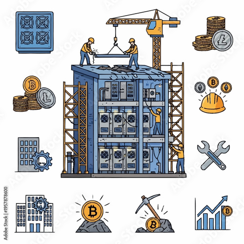 Cryptocurrency Mining Farm Construction with Workers and Bitcoin Elements.