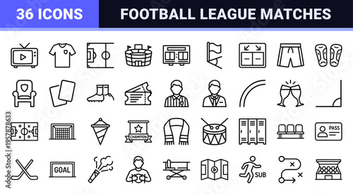 Professional Football and Soccer Competition Outline Line Art; Minimalist Geometric Sports Symbols for Tournament Management and Apps.