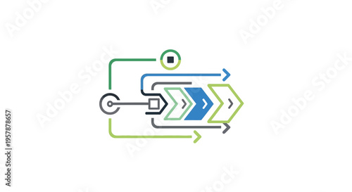 Abstract flow chart with arrows, process, data connection, and steps