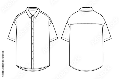 Mens short sleeve button down shirt technical flat fashion sketch vector template illustration front and back view collared casual business apparel CAD drawing design mockup concept

