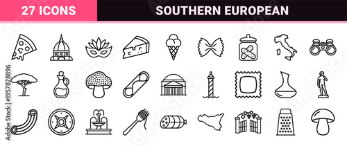 Italian Heritage and Mediterranean Gastronomy Minimalist Monoline Outline Icons for Professional Travel Branding and Menu Design