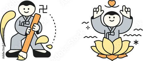 Transformation from a monk practicing discipline to enlightenment in a serene lotus setting