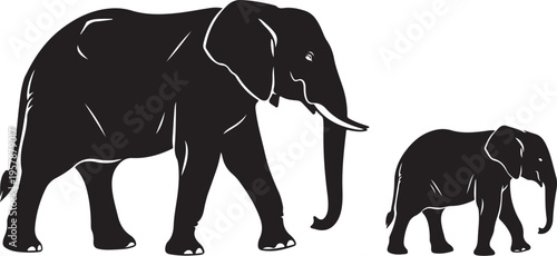 Black silhouette of elephant and baby walking side by side