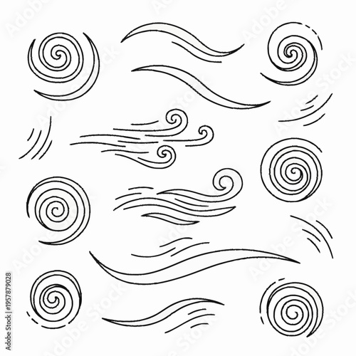 Hand-drawn doodle set of wind and air movement lines and swirls.