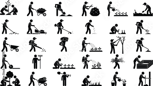 Comprehensive Collection of Gardening and Landscaping Stick Figure Icons Featuring Planting, Mowing, Pruning, Watering, and Professional Outdoor Yard Maintenance Activities