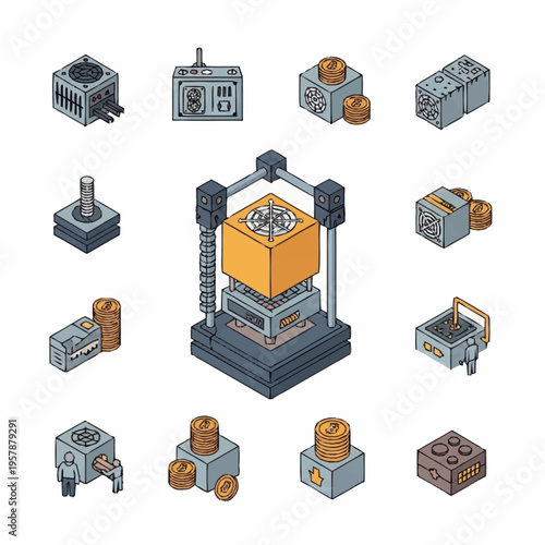 Isometric Pixel Art 3D Printer and Industrial Components Set.