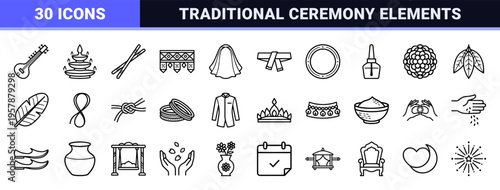 Hindu Wedding Traditions Minimalist Monoline Icon Set Featuring Sacred Ceremony Symbols and Cultural Marriage Ritual Geometric Line Art