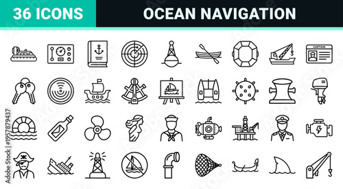 Marine Navigation and Nautical Transport Minimalist Monoline Geometric Line Art for Maritime Engineering and Ocean Logistics Interface.