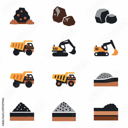 Mining and construction industry equipment and raw materials icon set.