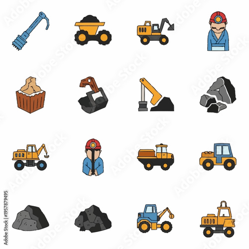 Mining and construction industry icons set with various equipment and workers.