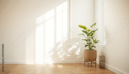 A tranquil corner with a potted plant bathed in soft daylight, perfect for calm presentations, peaceful retreats, or nature-inspired content.