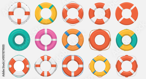  Collection of colorful life preservers and ring buoys in various designs