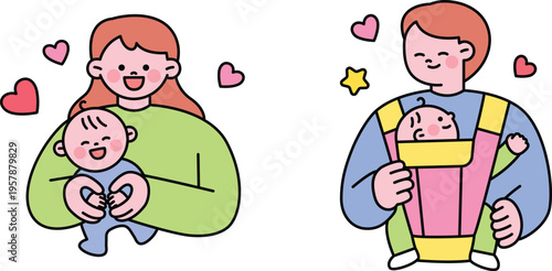 Parents joyfully caring for their newborn baby in a heartwarming illustration